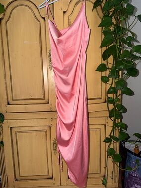 Amazon Pink Satin Cowl Neck Midi Dress